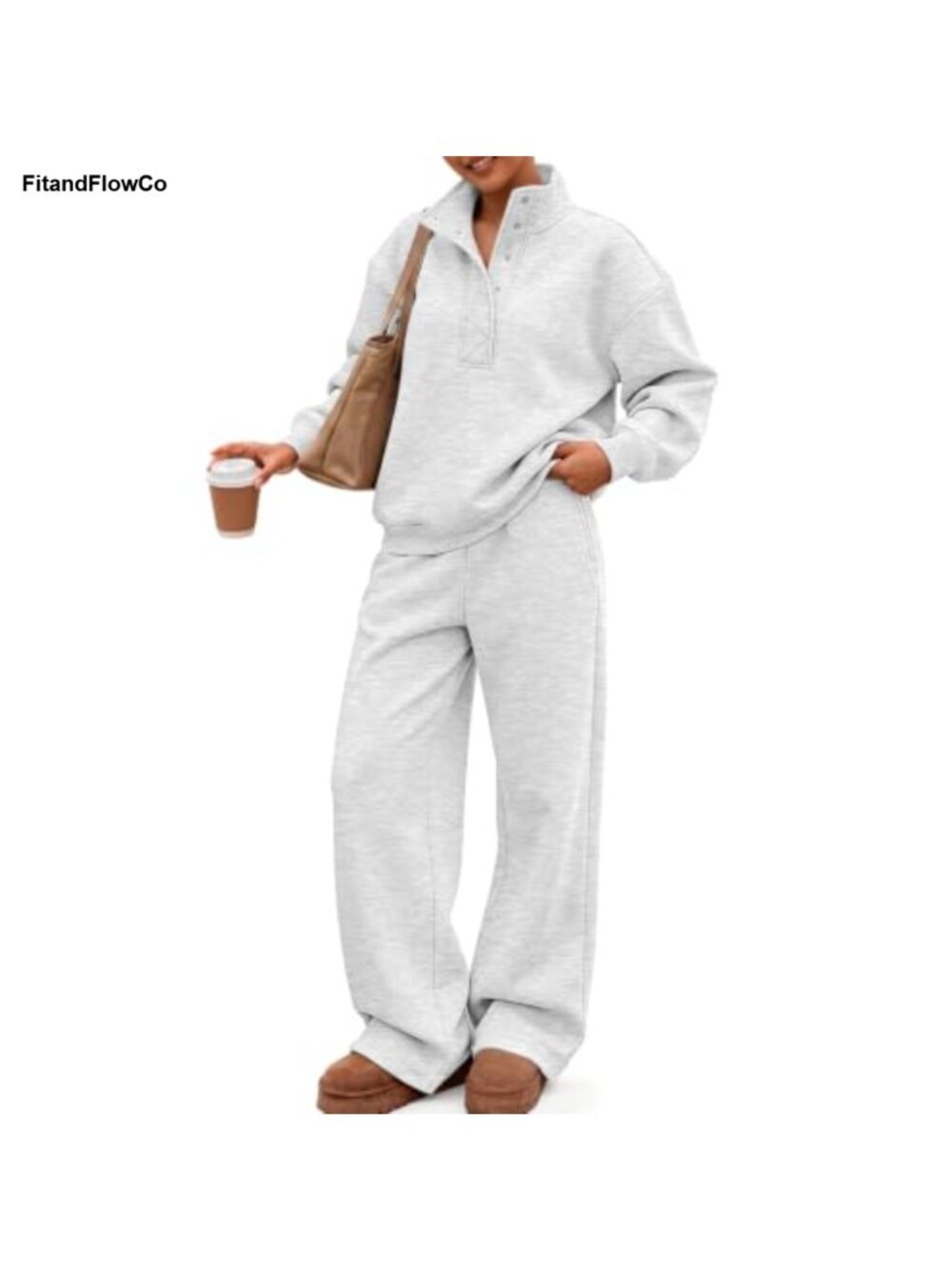 Oversized 2 Piece Sweatsuit Snap Mock Neck Wide Leg Lounge Set Cotton